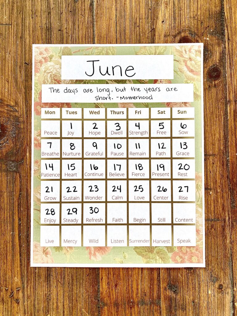 Image links to a customizable digital calendar that includes a daily focus word and/or intention.
