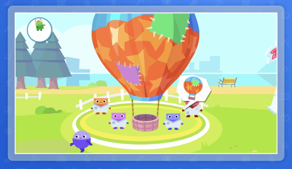 The image shows the characters in a math video lesson for Homeschool+. Characters are of various shapes, such as circles and squares.